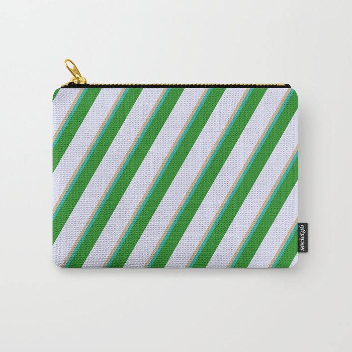 Tan, Light Sea Green, Forest Green, and Lavender Colored Lined/Striped Pattern Carry-All Pouch