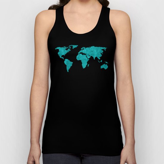Teal Cyan Metallic Foil Map on Black Unisex Tank Top