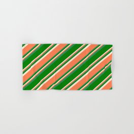 [ Thumbnail: Beige, Coral, Sea Green, and Green Colored Pattern of Stripes Hand & Bath Towel ]