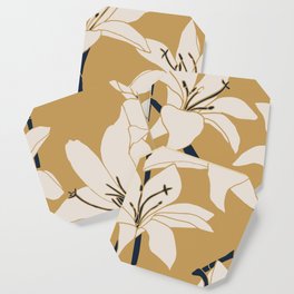Amaryllis Floral Line Drawing, Beige and Navy on Yellow Ochre Coaster