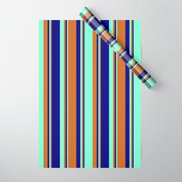 [ Thumbnail: Chocolate, Aquamarine & Blue Colored Stripes Pattern Wrapping Paper ]