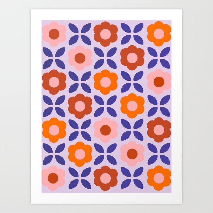 Retro Flower Pattern - orange periwinkle Art Print
