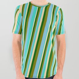 [ Thumbnail: Turquoise, Beige, Dark Green, Green & Sky Blue Colored Pattern of Stripes All Over Graphic Tee ]
