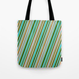[ Thumbnail: Light Pink, Dark Turquoise, Brown & Dark Green Colored Lines Pattern Tote Bag ]