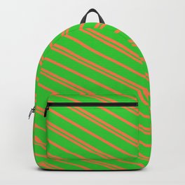 [ Thumbnail: Coral and Lime Green Colored Lined Pattern Backpack ]