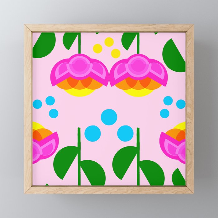 Tulip Time Colorful Spring Garden Modern Scandi Flowers And Dots Geo Hot Pink And Orange Floral Pattern With Yellow And Turquoise On Pastel Pink Framed Mini Art Print