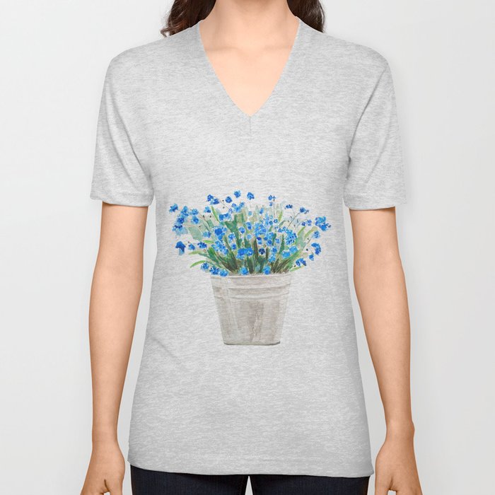 blue forget me not in a basket watwercolor V Neck T Shirt