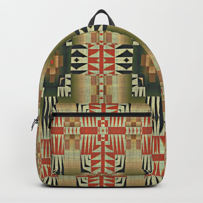 Orange Red Olive Green Native American Indian Mosaic Pattern Backpack