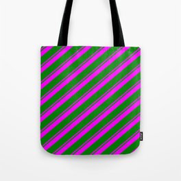 [ Thumbnail: Fuchsia & Green Colored Striped Pattern Tote Bag ]
