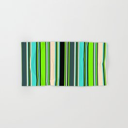 [ Thumbnail: Eyecatching Green, Dark Slate Gray, Bisque, Turquoise, and Black Colored Lined Pattern Hand & Bath Towel ]