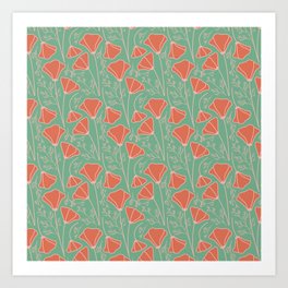 California Poppy Pattern - Green Art Print