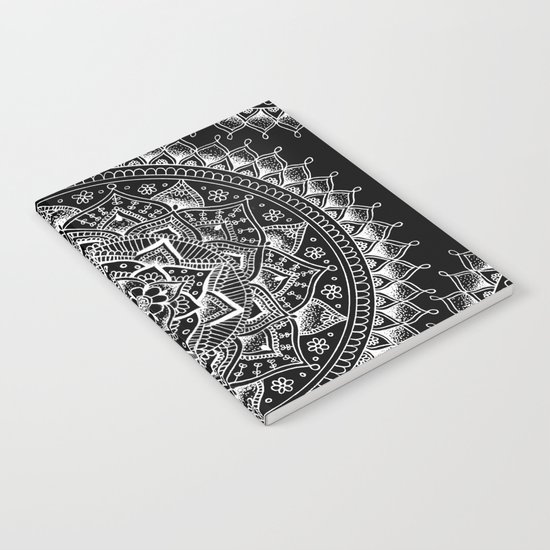 White Flower Mandala on Black Notebook