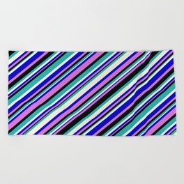 [ Thumbnail: Blue, Orchid, Black, Light Sea Green & Beige Colored Pattern of Stripes Beach Towel ]