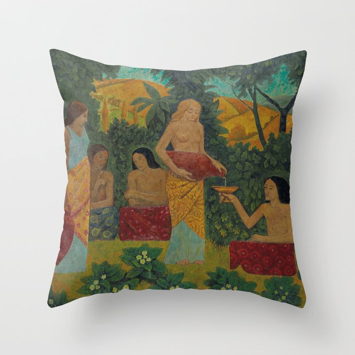 Libations, tropical mythical forest with five nude female figures floral landscape painting by Paul Serusier Throw Pillow