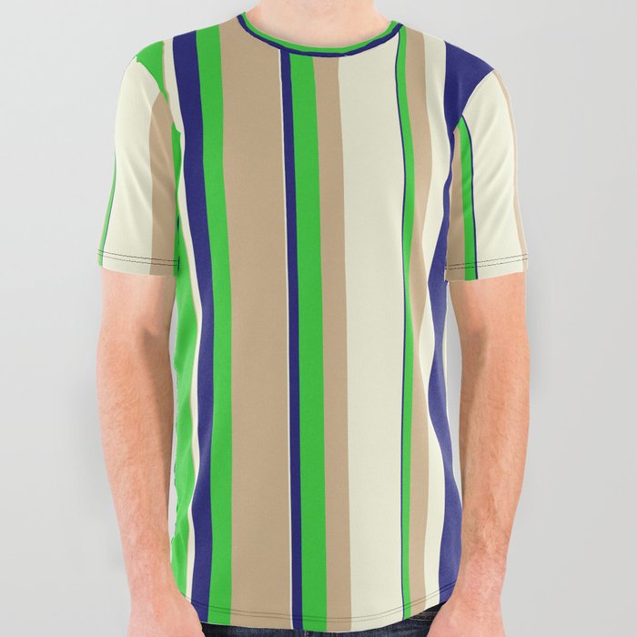Midnight Blue, Lime Green, Tan & Beige Colored Stripes/Lines Pattern All Over Graphic Tee