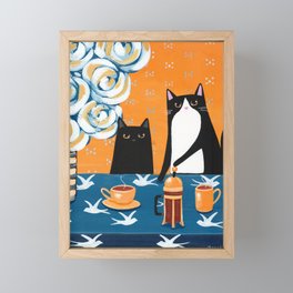 Orange and Blue French Press Cats Framed Mini Art Print