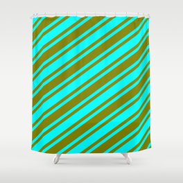 [ Thumbnail: Cyan & Green Colored Striped/Lined Pattern Shower Curtain ]