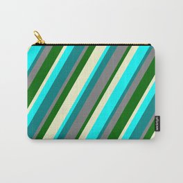 [ Thumbnail: Vibrant Gray, Dark Green, Light Yellow, Aqua, and Teal Colored Lines Pattern Carry-All Pouch ]