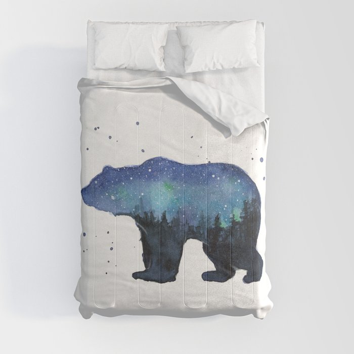 Forest Bear Silhouette Watercolor Galaxy Comforter