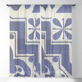 Geometric deep blue neo mexican talavera tile Sheer Curtain