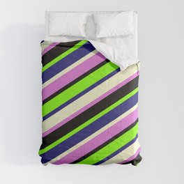 [ Thumbnail: Vibrant Chartreuse, Midnight Blue, Light Yellow, Orchid, and Black Colored Striped Pattern Comforter ]