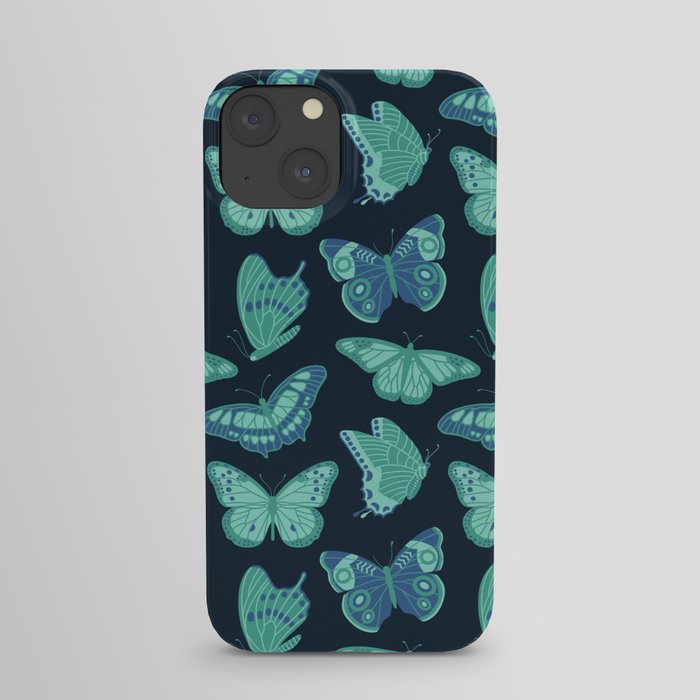 Texas Butterflies – Green and Blue on Navy Pattern iPhone Case