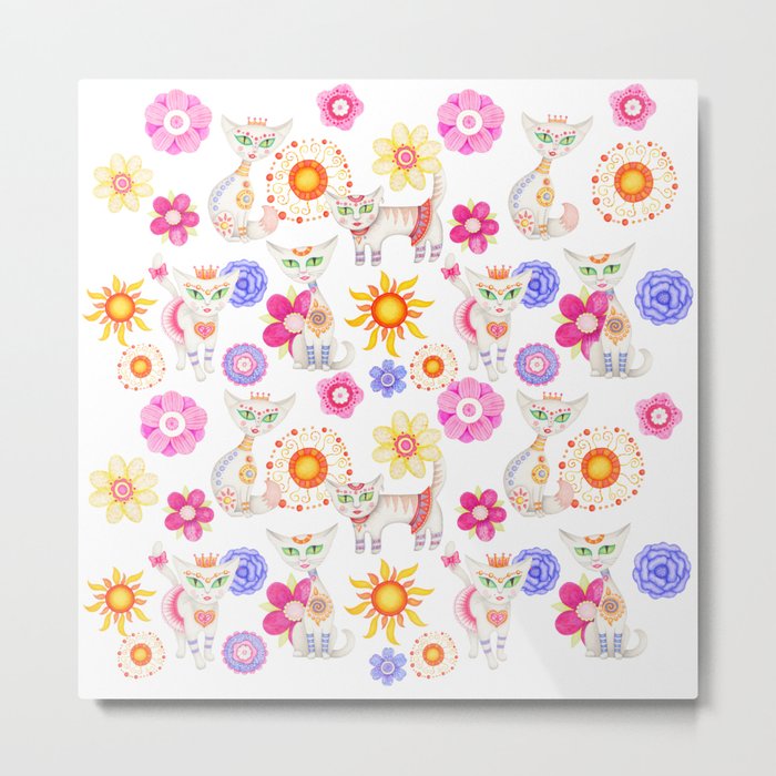 Seamless hand illustrated pattern with cute cartoon cats and flowers. Metal Print