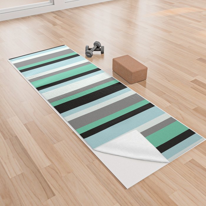 Aquamarine, Black, Powder Blue, Mint Cream, and Gray Colored Pattern of Stripes Yoga Towel