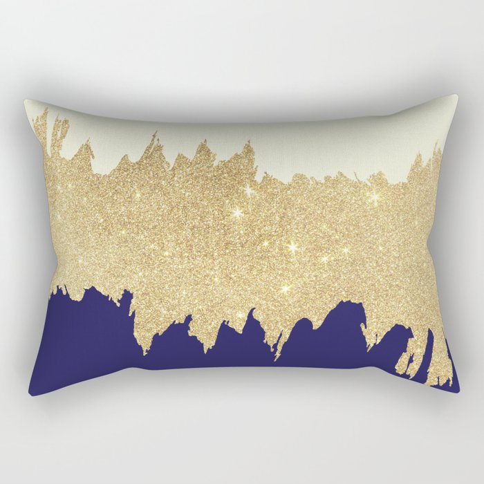 Navy blue ivory faux gold glitter brushstrokes Rectangular Pillow