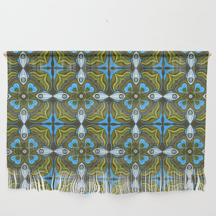 Abstract floral bohemian repeat pattern - Green and blue Wall Hanging