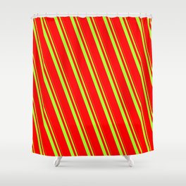 [ Thumbnail: Light Green and Red Colored Stripes Pattern Shower Curtain ]