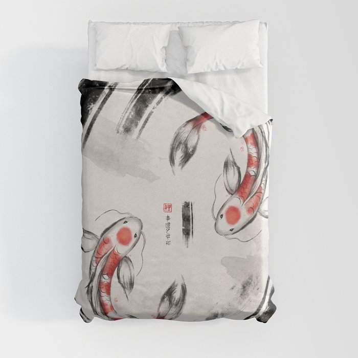Good Luck And Peace Koi Japanese Ink Duvet Cover