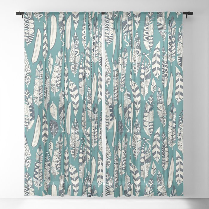 joyful feathers teal Sheer Curtain