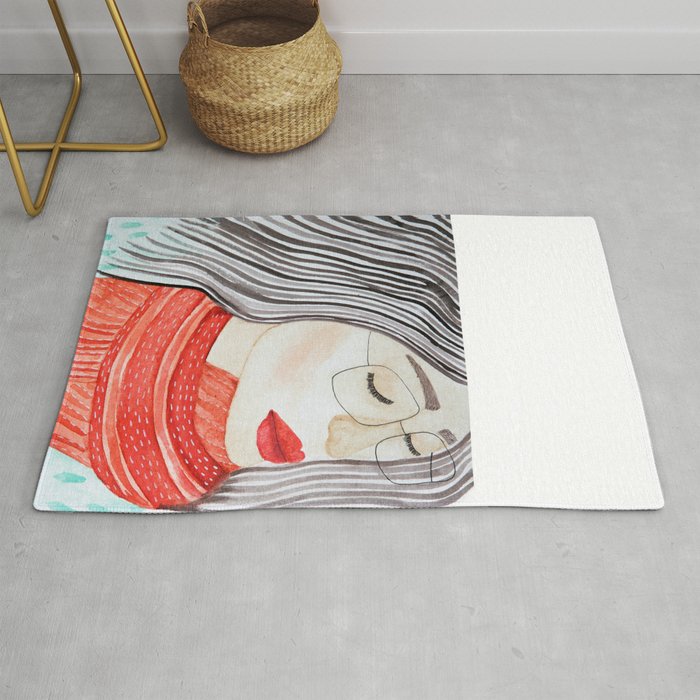 Beautiful lady with closed eyes in a red scarf wearing eyeglasses. Watercolor illustration. Rug