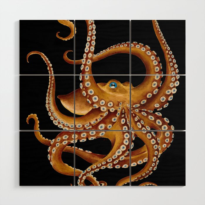 Brown Octopus Blue Eye Black Watercolor Wood Wall Art