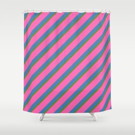 [ Thumbnail: Hot Pink, Blue, and Green Colored Lines/Stripes Pattern Shower Curtain ]