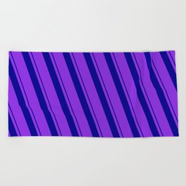 [ Thumbnail: Dark Blue and Purple Colored Lined/Striped Pattern Beach Towel ]