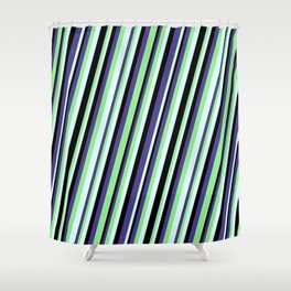 [ Thumbnail: Dark Slate Blue, Light Green, Light Cyan & Black Colored Lines/Stripes Pattern Shower Curtain ]