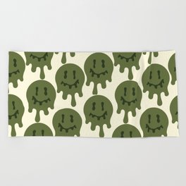 Melted Smiley Faces Trippy Seamless Pattern - Dark Green Beach Towel