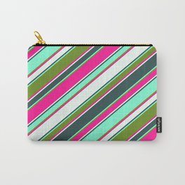 [ Thumbnail: Vibrant Deep Pink, Mint Cream, Dark Slate Gray, Aquamarine, and Green Colored Lines/Stripes Pattern Carry-All Pouch ]