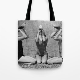 What the girls drink when the guys aren't looking - three girlfriends drinking at the beach black and white photograph Tote Bag