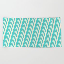 [ Thumbnail: Beige and Turquoise Colored Lines Pattern Beach Towel ]