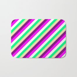 [ Thumbnail: Colorful Pale Goldenrod, Purple, Fuchsia, White, and Green Colored Stripes Pattern Bath Mat ]