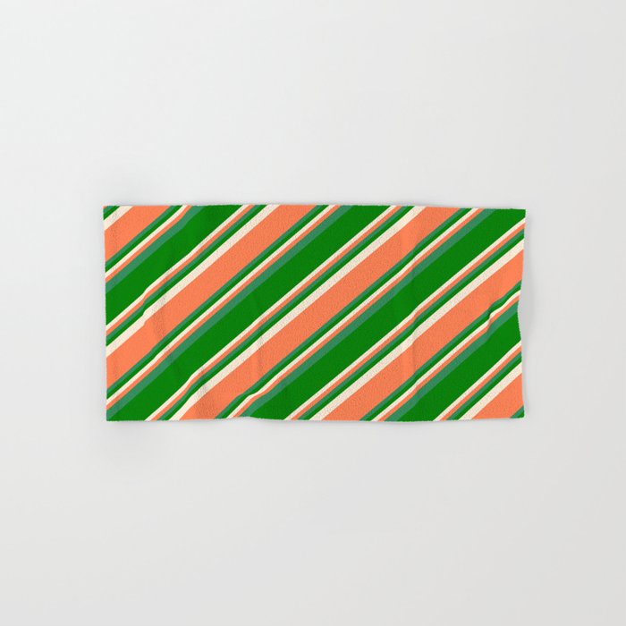 Beige, Coral, Sea Green, and Green Colored Pattern of Stripes Hand & Bath Towel