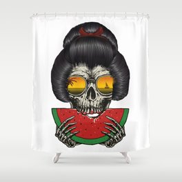 skull with hair style of a geisha eating watermelon Shower Curtain