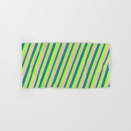 [ Thumbnail: Dark Cyan, Light Green, and Light Pink Colored Lined Pattern Hand & Bath Towel ]