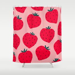 Modern strawberry seamless pattern. Big red round strawberries on pink. Big vibrant berries. Berry pattern design Shower Curtain
