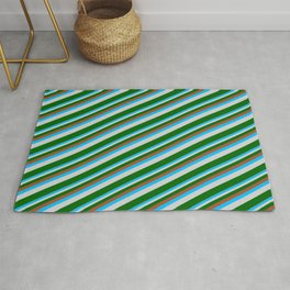 [ Thumbnail: Sienna, Deep Sky Blue, Light Gray & Dark Green Colored Lined/Striped Pattern Rug ]