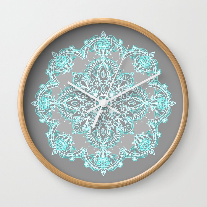 Teal and Aqua Lace Mandala on Grey Wall Clock