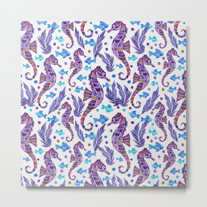 Seahorse Watercolor Pattern - Purple & Blue Metal Print